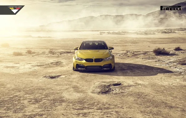 Картинка BMW, Car, Front, Vorsteiner, Yellow, Pirelli, Wheels, Desert