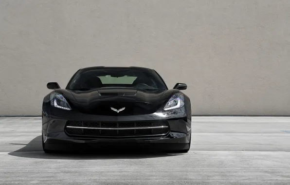 Картинка чёрный, black, передок, корветт, stingray, ходовые огни, шевролле, chevroletcorvette