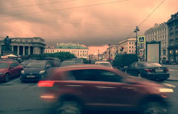 Машина, закат, тучи, Город, выдержка, Казанский Собор