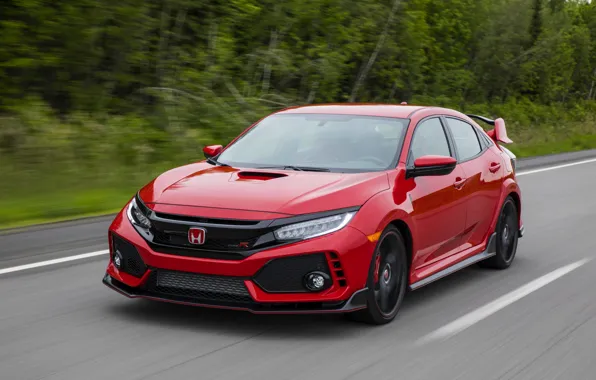 Красный, движение, растительность, Honda, хэтчбэк, пятидверный, 2019, Civic Type R