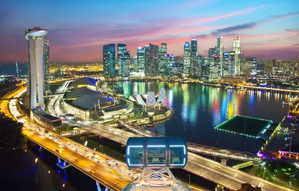 Дорога, ночь, огни, Сингапур, отель, мегаполис, Singapore, Marina Bay Sands