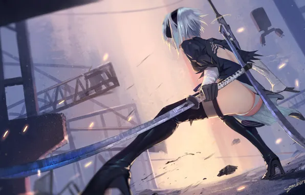 Девушка, Рисунок, Меч, Android, Арт, Nier, Катана, Illustration