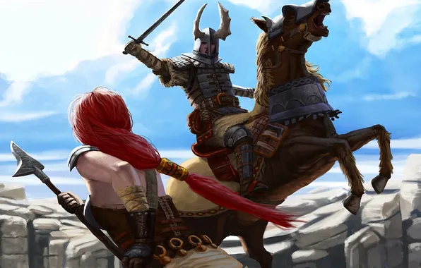 Картинка девушка, оружие, скалы, конь, меч, воин, арт, рога