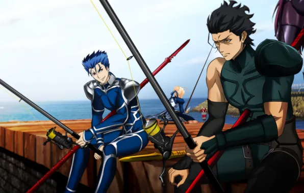 Рыбалка, арт, парни, Fate Stay Night, лансер, удочки, слуги, Fate Zero