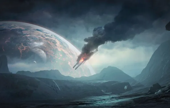 Горы, Дым, Планета, Космос, Земля, BioWare, Mass Effect, Electronic Arts