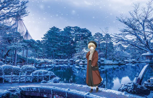 Зима, вода, девушка, мост, природа, Otonari no Tenshi-sama ni Itsunomanika Dame Ningen, Mahiru Shiina