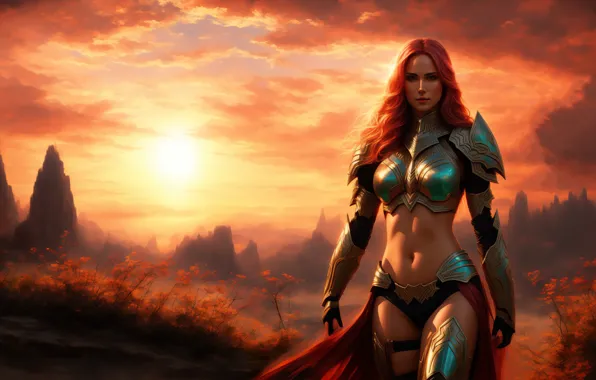Girl, fantasy, armor, landscape, art, digital art, fantasy art, Painting