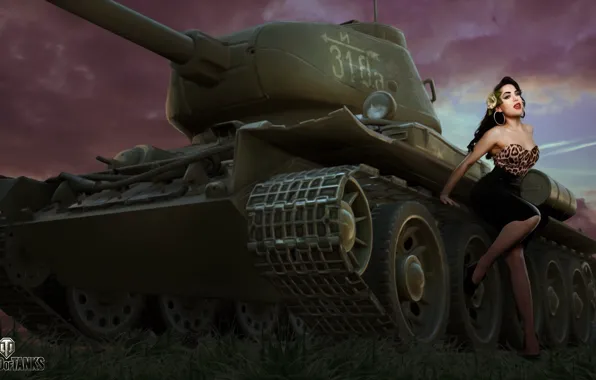 Картинка девушка, рисунок, арт, танк, Т-34, советский, средний, World of Tanks