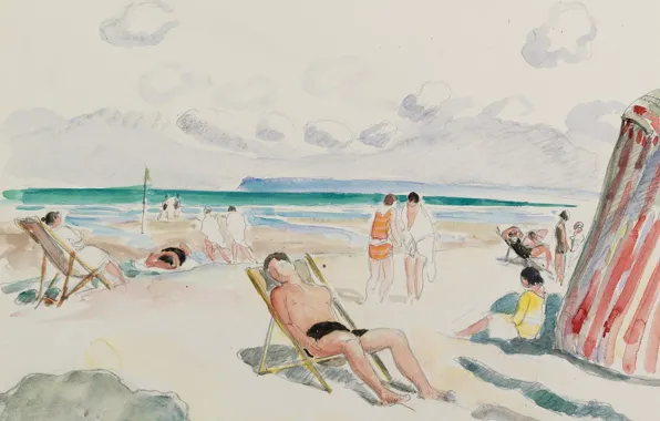 Рисунок, Пляж, акварель, Henri Lebasque, Анри Лебаск