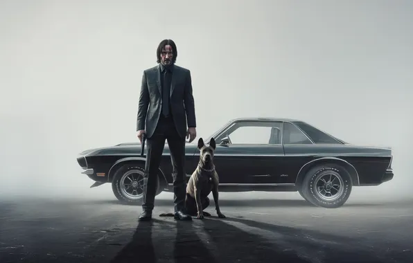 Картинка car, gun, dog, man, assasin, Keanu Reeves, suit, dodge charger