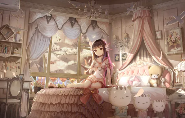 Картинка девушка, деревья, улыбка, комната, игрушки, кровать, аниме, сакура