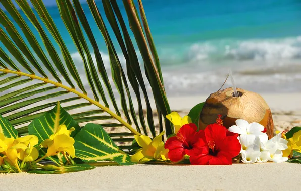 Картинка море, пляж, цветы, коктейль, листок пальмы