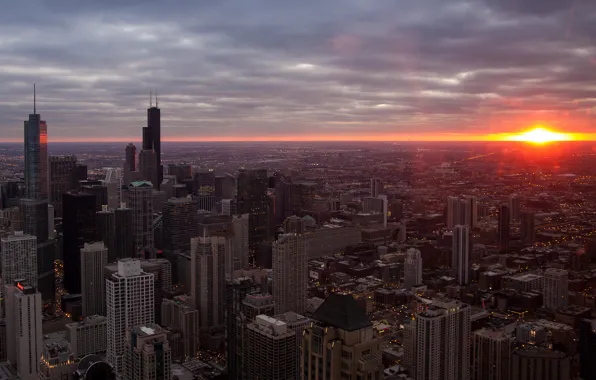 Закат, city, город, небоскребы, Чикаго, сша, sunset, usa