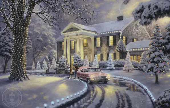 Картинка иней, car, машина, снег, lights, огни, дом, ретро