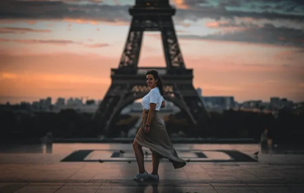 Girl, City, Paris, Clouds, Smile, France, Women, Happy