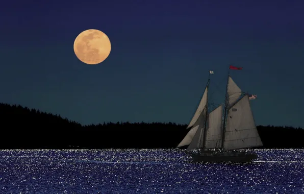 Море, природа, луна, парусник