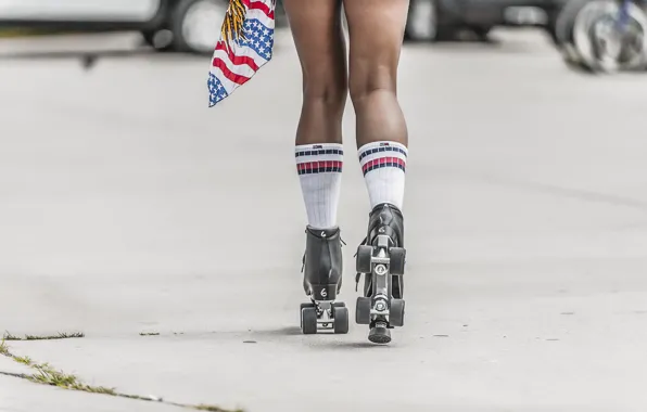 Legs, woman, stockings, flag, rollers