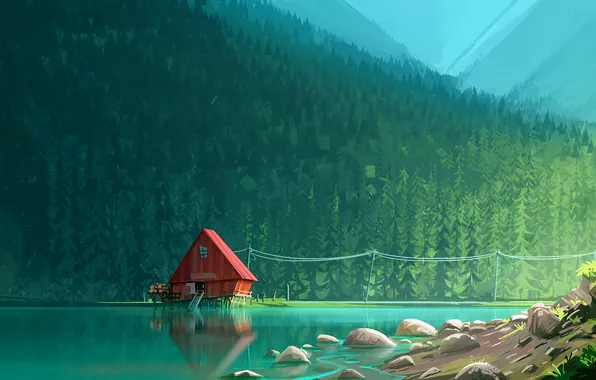 Картинка forest, lake, artwork, sawmill