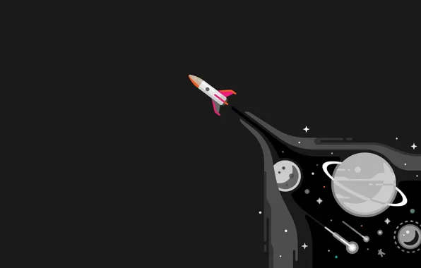 Картинка fantasy, minimalism, stars, planets, digital art, artwork, black background, rocket