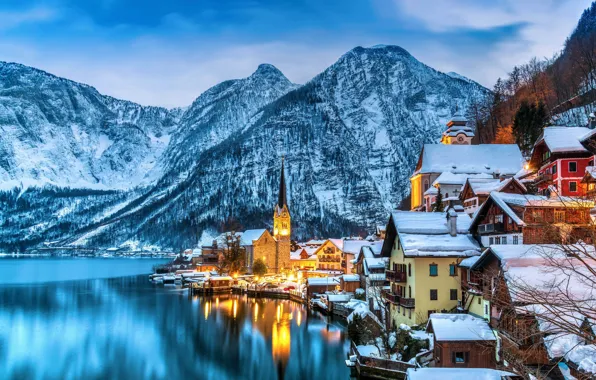 Картинка зима, горы, озеро, городок, Winter, австрия, Austria, Hallstatt