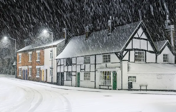 Картинка зима, здания, снегопад