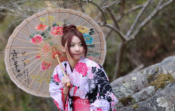 Картинка девушка, стиль, зонт, наряд, азиатка