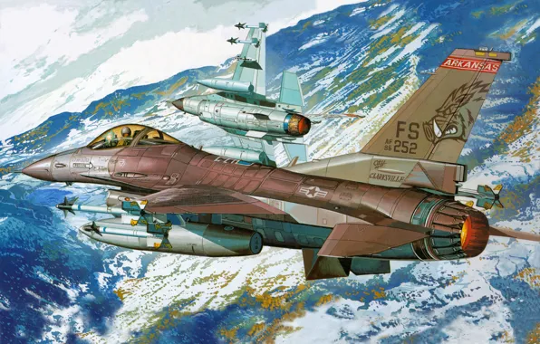 Картинка авиация, горы, истребитель, арт, самолёт, ВВС, F-16, ф-16