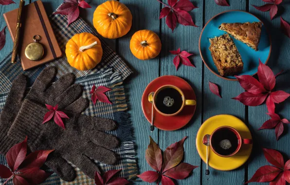 Картинка осень, листья, часы, кофе, шарф, пирог, ручка, тыква