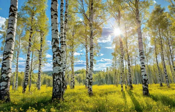 Зелень, Солнце, Природа, Трава, Лето, Солнечно, Березки