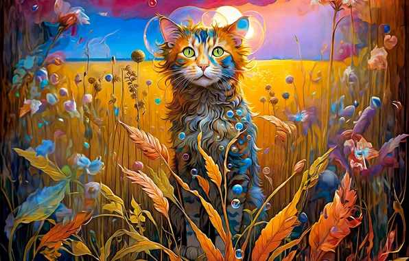 Поле, кошка, кот, взгляд, листья, закат, природа, стебли