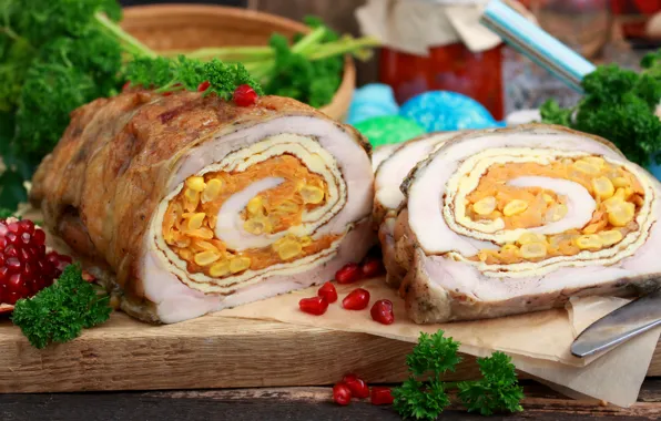 Мясо, гранат, начинка, рулет, куриный