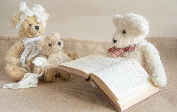 Игрушки, книга, плюшевые мишки, три медведя