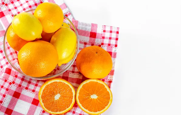 Картинка апельсины, миска, лимоны, мандарины, цитрусовые, салфетки