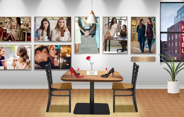 Chair, hotel, lesbian, cafe, table, high heels, restaurant, lipstick