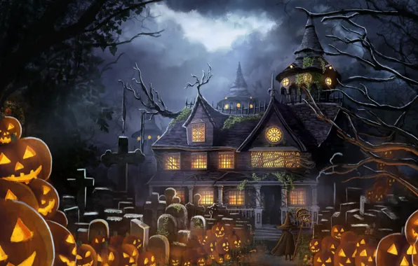 Картинка дом, аниме, тыквы, хеллоуин, параздник