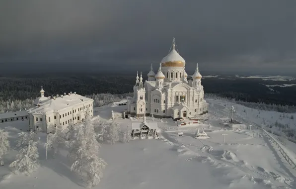 Картинка снег, Пермский край, зима, храм, Александр Лукин, Белая гора, Белогорский Николаевский монастырь, пейзаж