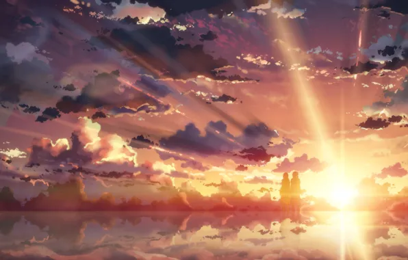 Картинка небо, вода, девушка, солнце, облака, закат, отражение, аниме