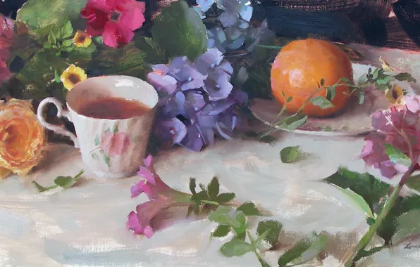Цветы, чай, роза, апельсины, картина, чашка, фрукты, натюрморт