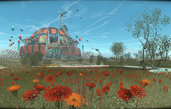Картинка небо, цветы, game, герберы, купол, парк развлечений, монголия, indie