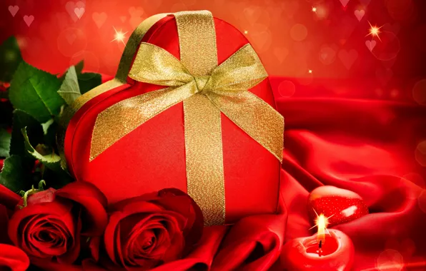 Цветы, коробка, подарок, сердце, розы, свеча, конфеты, День Святого Валентина