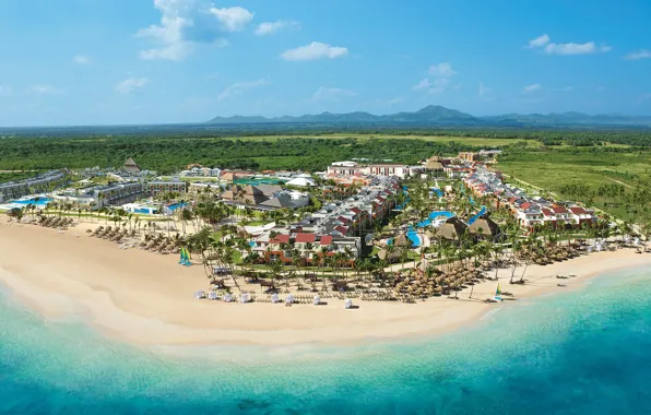 Пляж, пальмы, океан, курорт, Dominican Republic, Aerial