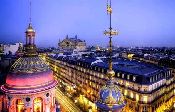 Картинка свет, город, Франция, Париж, здания, дома, вечер, крыши