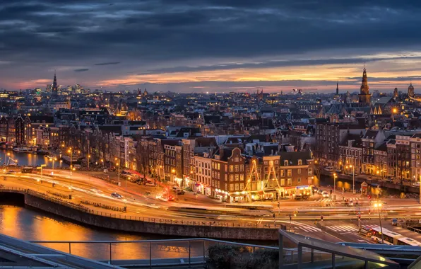 Картинка Река, Амстердам, Amsterdam, Ночной город, Night Cities