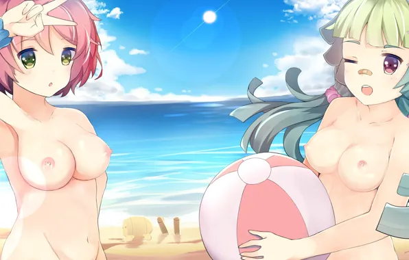 Kawaii, beach, sea, nipples, boobs, big, breast, anime