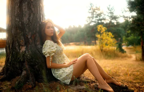 Девушка, grass, trees, field, nature, model, women, brunette