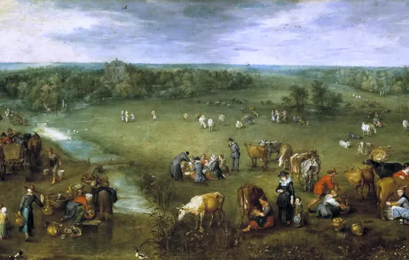 Животные, пейзаж, дом, ручей, люди, картина, Ян Брейгель старший, Жизнь Фламандской Деревни