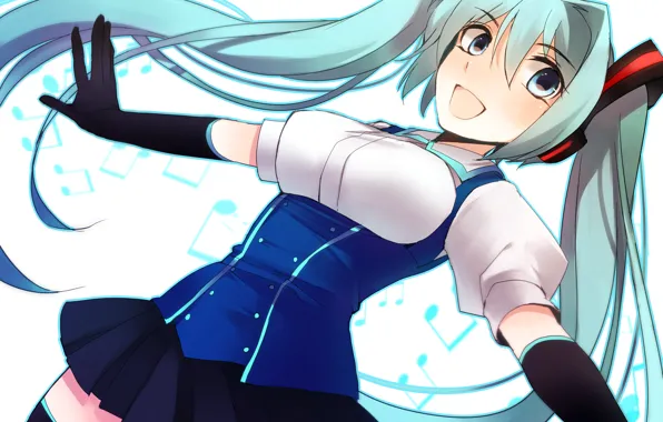 Девушка, ноты, арт, vocaloid, hatsune miku, вокалоид