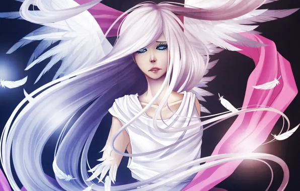 Картинка Девушка, крылья, ангел, перья, ткань, белое платье, art, naimane
