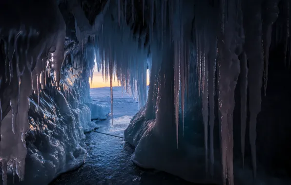 Закат, природа, озеро, лёд, сосульки, Байкал, пещера