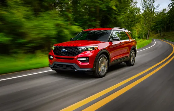 Картинка дорога, лес, Ford, red, forest, road, Explorer, красный цвет